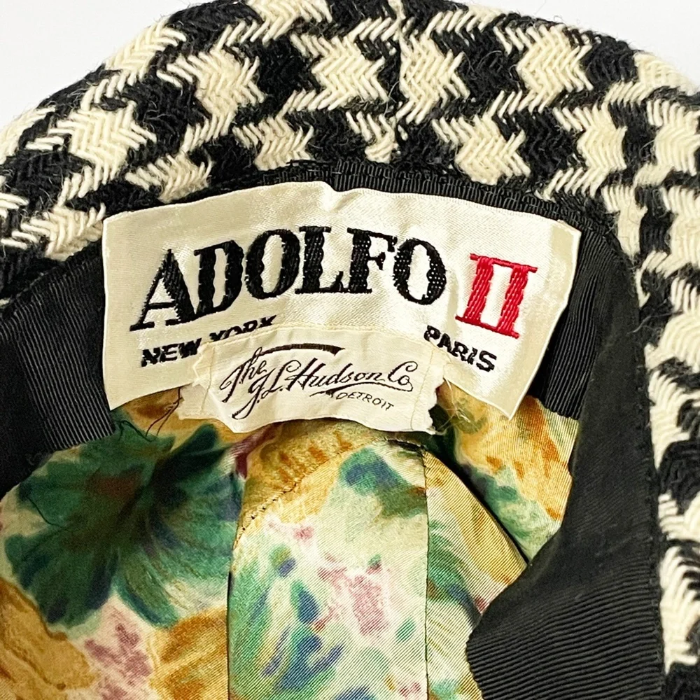 Vintage Adolfo Hat & Scarf Set 2pc Black & White Houndstooth Knit Fringe Rare